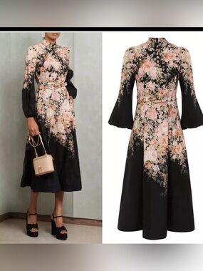 Black Floral Midi Dress with Pink Blossoms S/M